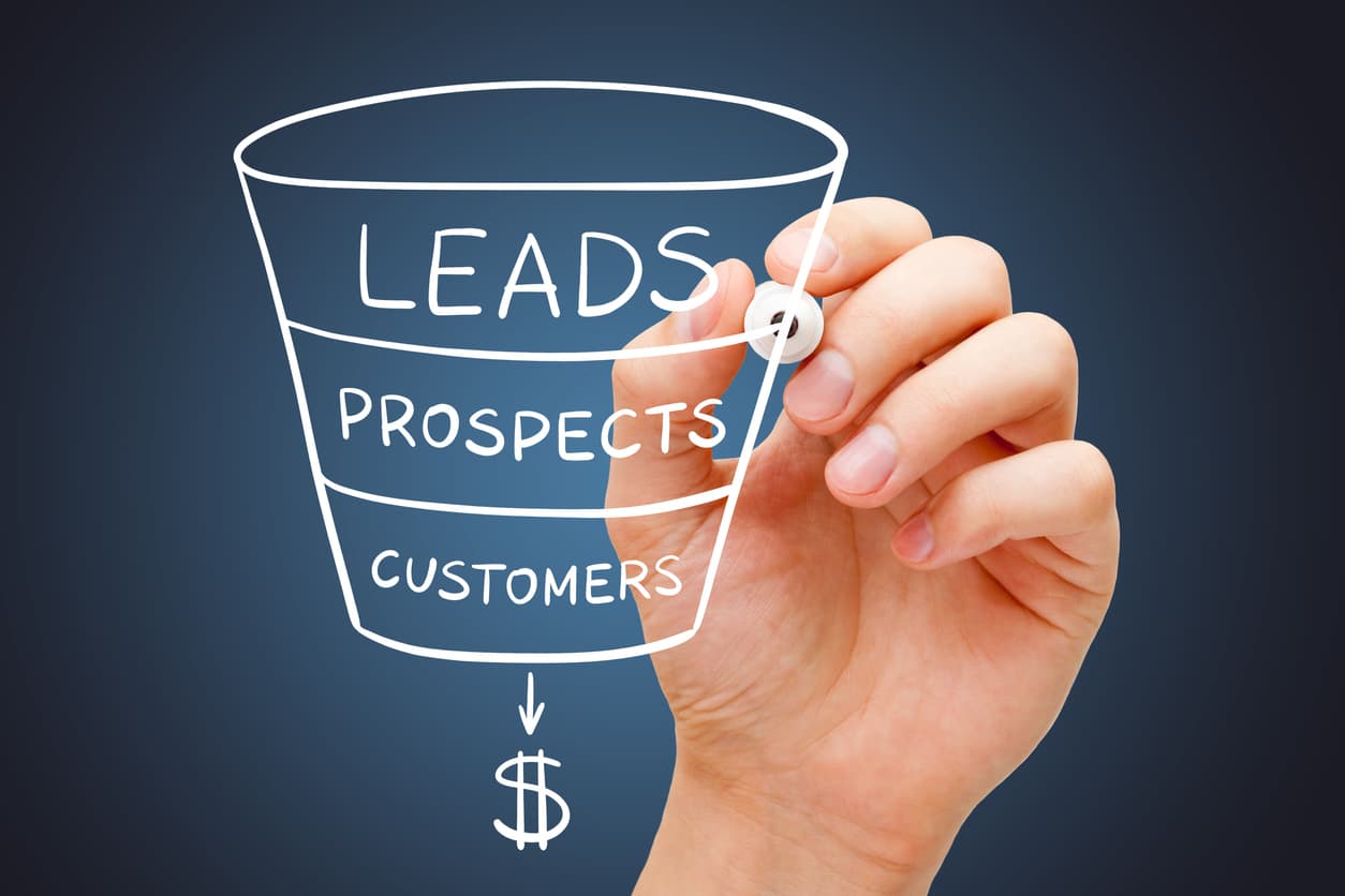 A hand writing the words “leads,” “prospects,” and “customers” with an arrow and dollar sign with white marker on a clear board