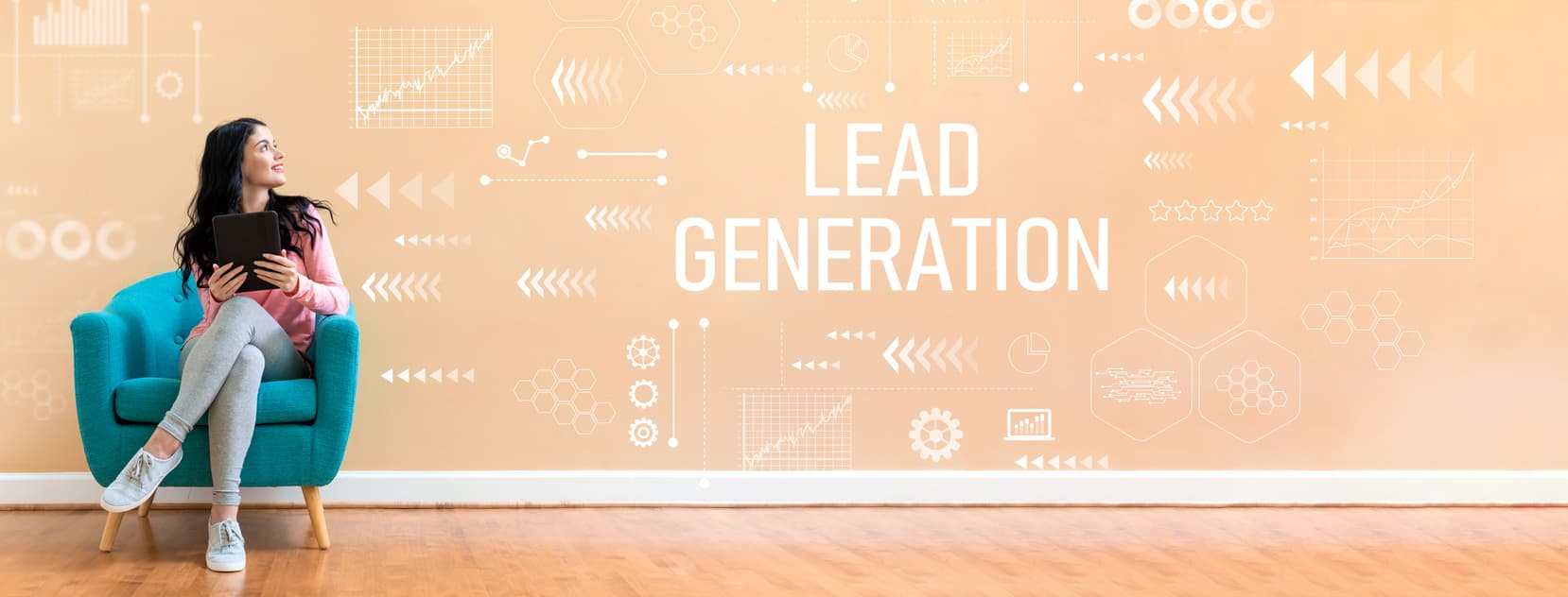 A woman sitting beside a sign that says, “lead generation.” 