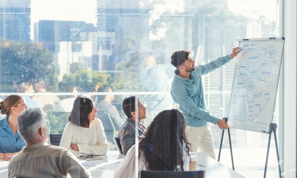 A leader making a white-board presentation to his employees