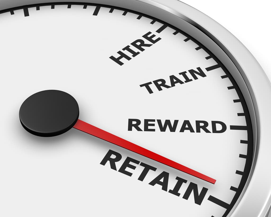 A clock with the labels “hire, train, reward, retain” instead of numbers is pictured; the hands are pointing towards the label that says “retain” in this article about improving employee retention.